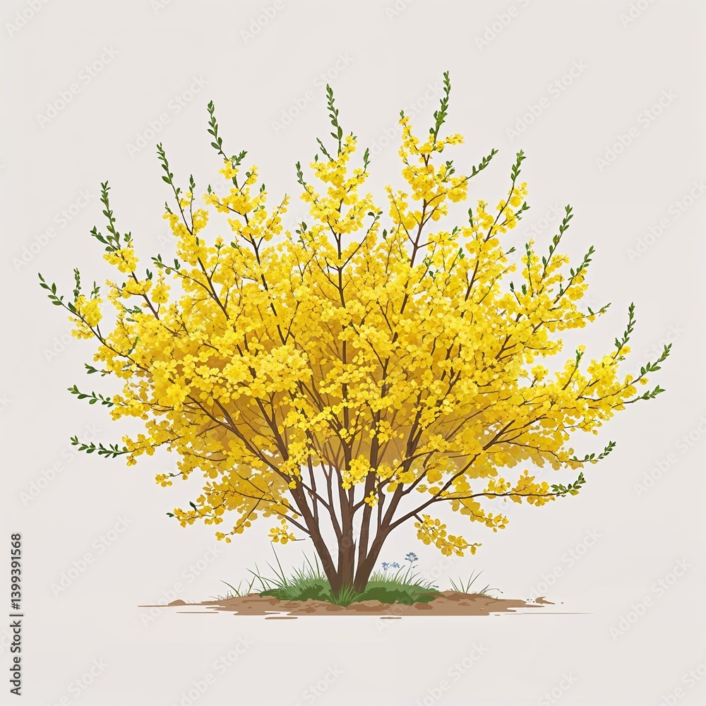 Fototapeta premium Forsythia shrub vector art illustration on plain white background