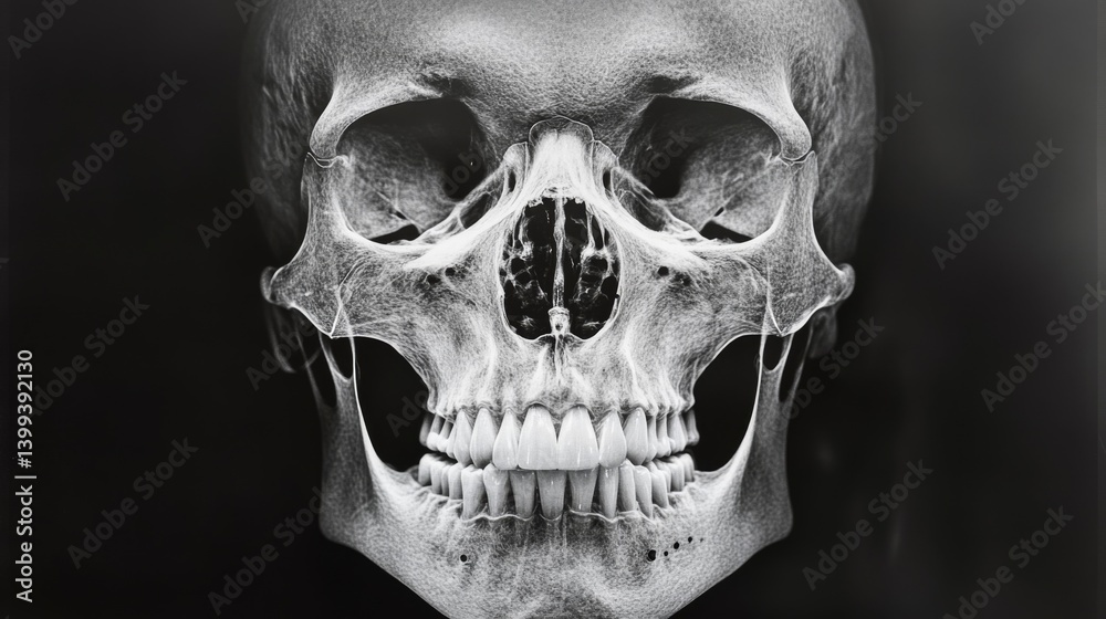 An overhead view of an X-ray image displaying a human skull with detailed visibility of the cranial bones, teeth, and sinus cavities.