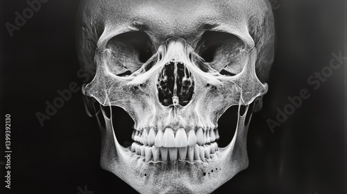 Obraz na płótnie An overhead view of an X-ray image displaying a human skull with detailed visibility of the cranial bones, teeth, and sinus cavities. w salonie