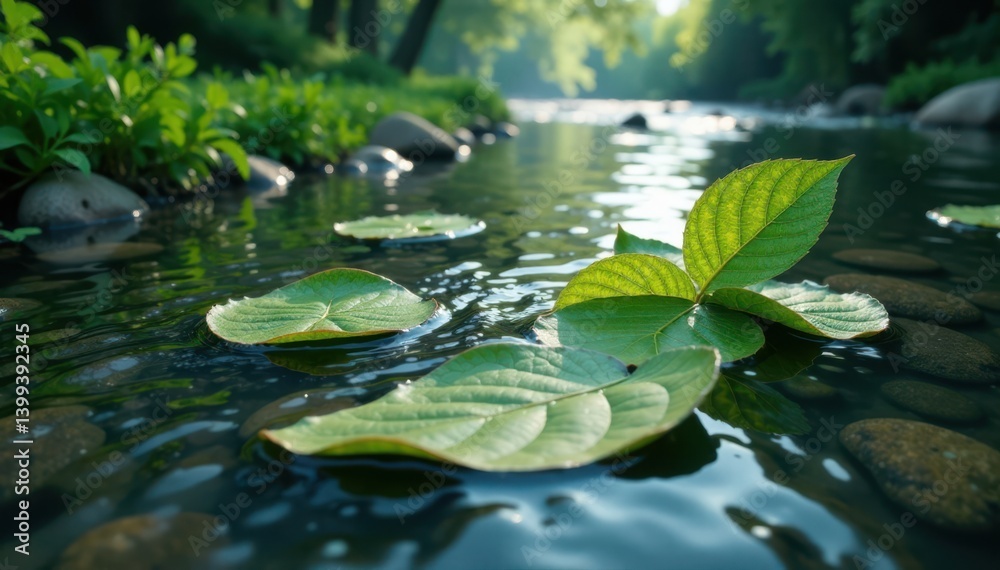Delicate leaf patterns on a flowing river, organic, river Delicate leaf patterns on a flowing river, organic, river