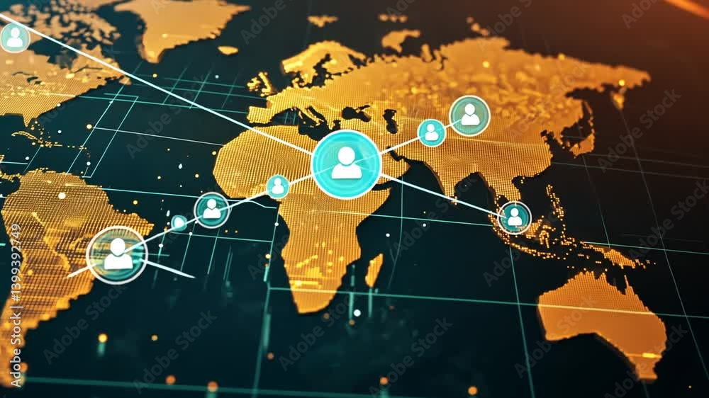 Global digital network visualization, connecting people across the world map background