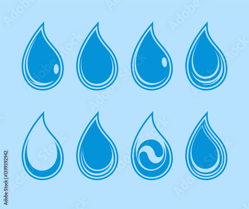 blue water drops silhouettes and glossy droplet set icons on isolated background. Vector blue water drop icon set. Flat droplet logo shapes collection. Set of Water drop Logo Template illustration art