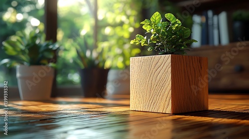 Wooden cube, open lid, natural sunlight, sharp edges, low angle perspective.
