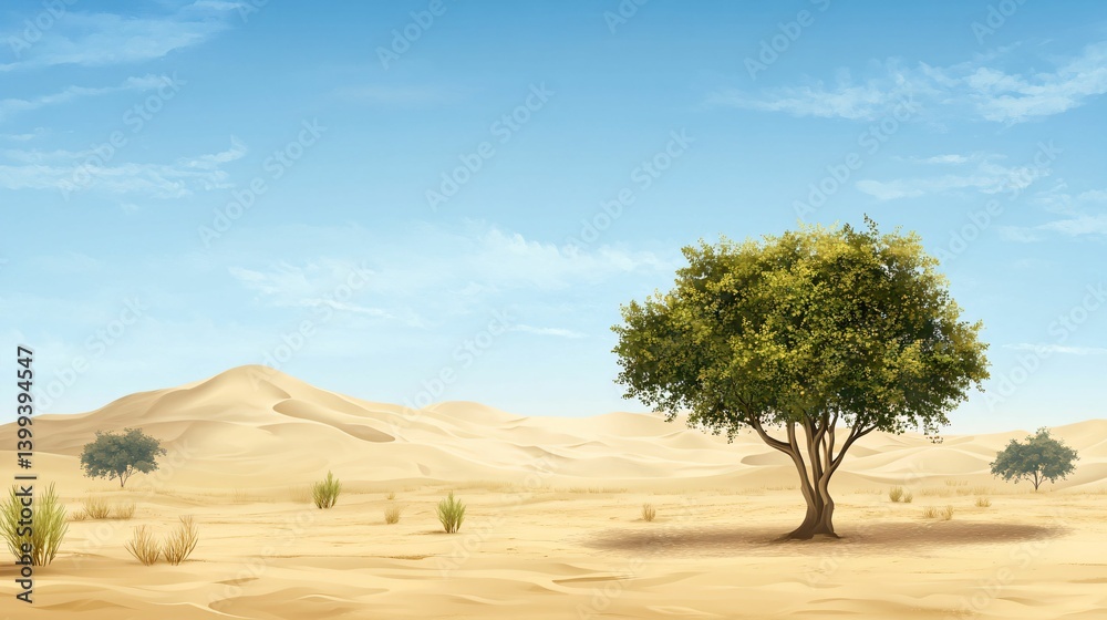 Fototapeta premium Solitary Tree in a Vast Desert Under Clear Blue Sky