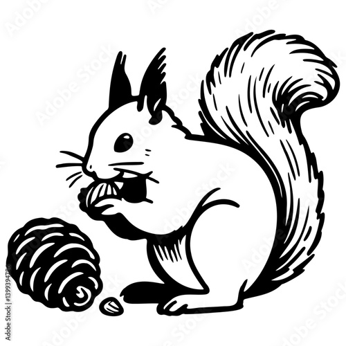 Squirrel Gnawing Pinecone Hand Drawn Sketch.