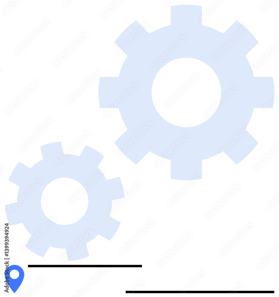 Two interlocking gears of different sizes connected with a location marker and horizontal lines. Ideal for teamwork, process optimization, collaboration, navigation, strategy, planning, flat simple Two interlocking gears of different sizes connected with a location marker and horizontal lines. Ideal for teamwork, process optimization, collaboration, navigation, strategy, planning, flat simple