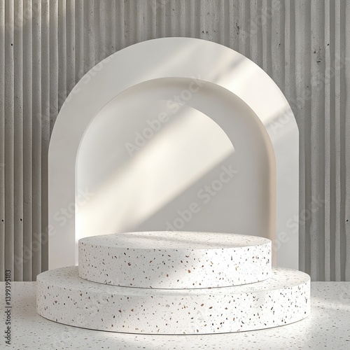 Elevated, minimalist,  white and light beige display platform