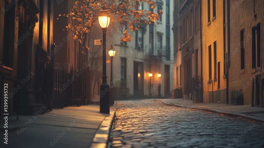 Obraz premium Quiet night stroll cobblestone street urban scene dimly lit eye-level perspective serene glow