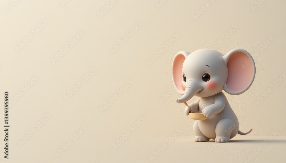 Adorable Cartoon Baby Elephant With Wooden Bowl On Beige Background Adorable Cartoon Baby Elephant With Wooden Bowl On Beige Background