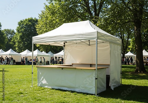 Setting Up White Tent at Outdoor Event on Sunny Day