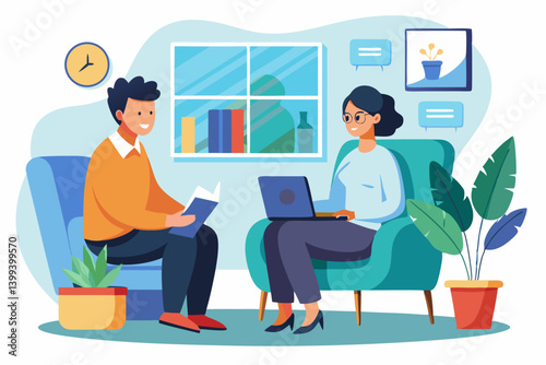 Vector concept of mental health counseling session between therapist and client in a calm office