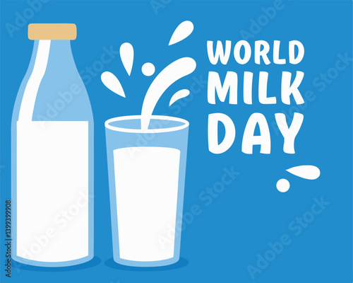 World Milk Day Illustration with Bottle, Glass, and Splash on Teal.