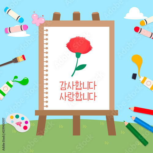어버이날, 스승의날. 존경하는 마음을 담아 카네이션 그림과 미술시간 일러스트. [텍스트: 감사합니다. 사랑합니다]. 벡터 일러스트.