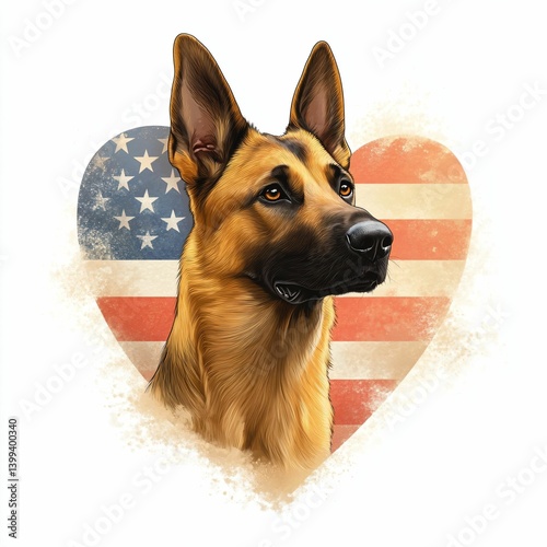 German Shepherd Dog Portrait with American Flag Heart Background