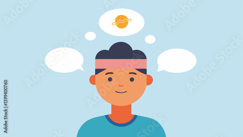 Thought Bubbles A person wearing the headband with thought bubbles above their head containing ideas memories and questions indicating enhanced cognitive processing.