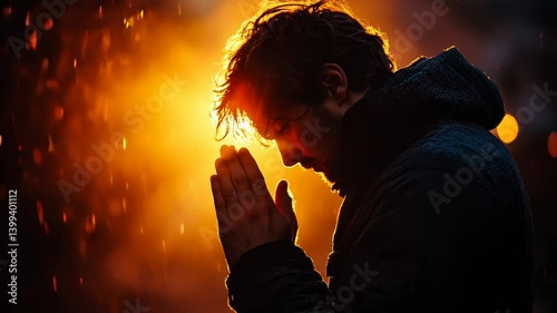 Adult man pray to god with light and rain background. Religion belief faith worship. Generative AI technology.	
