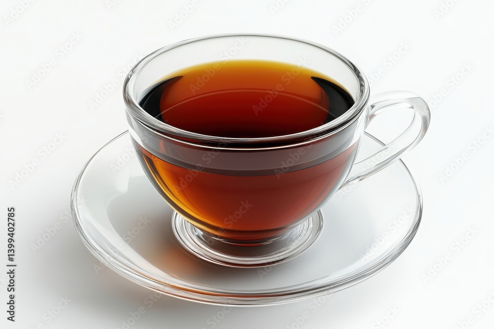 A clear cup filled with dark liquid on a clear saucer on white surface A clear cup filled with dark liquid on a clear saucer on white surface