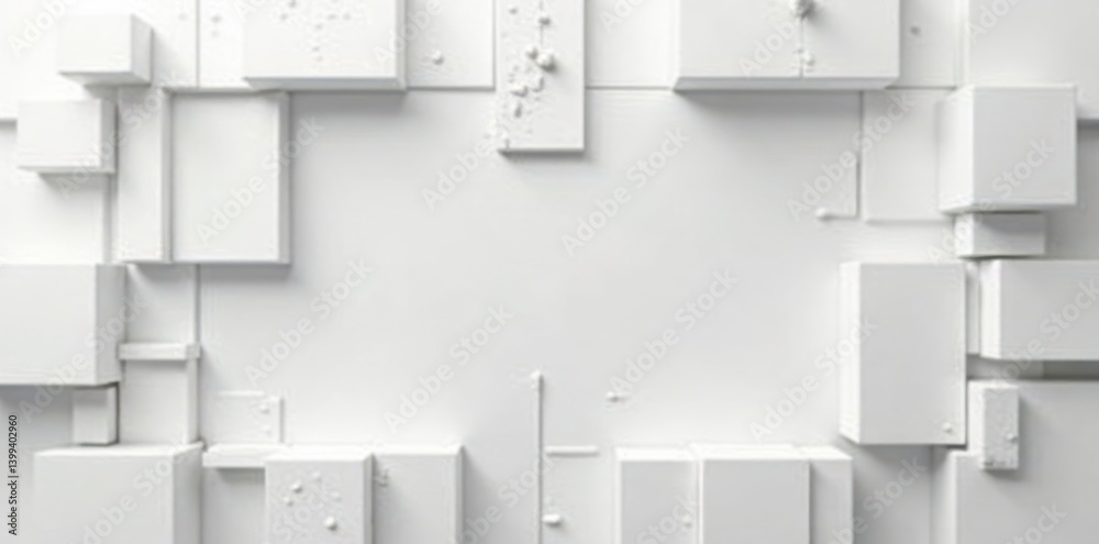 Randomly arranged white box elements occupy the majority of the visual space with empty gaps, negative space, simple design Randomly arranged white box elements occupy the majority of the visual space with empty gaps, negative space, simple design