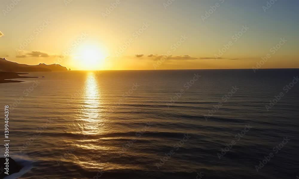 Sunrise over a calm ocean, coastal rocks, and distant mountains, with golden light reflecting on the water Sunrise over a calm ocean, coastal rocks, and distant mountains, with golden light reflecting on the water