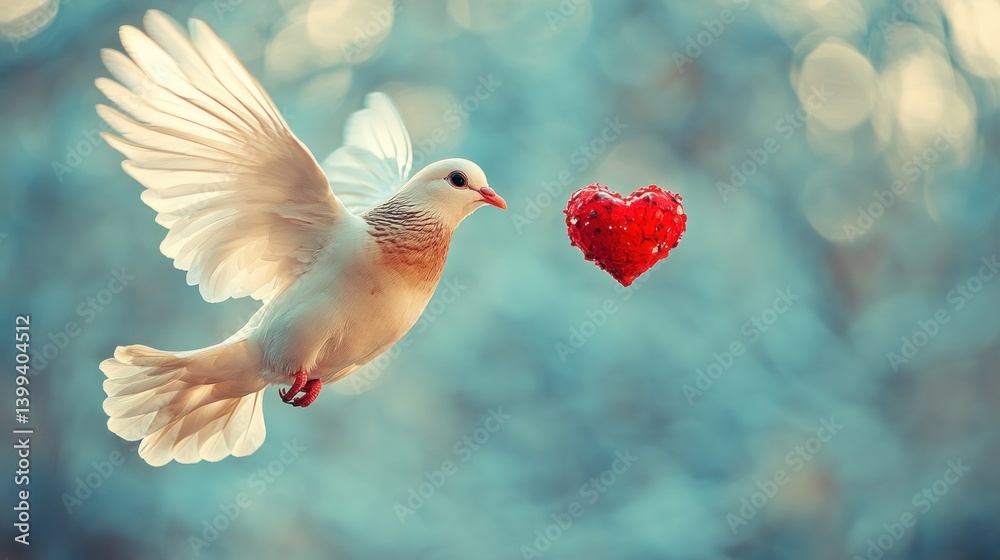 Fototapeta premium White dove in flight carrying a red heart.