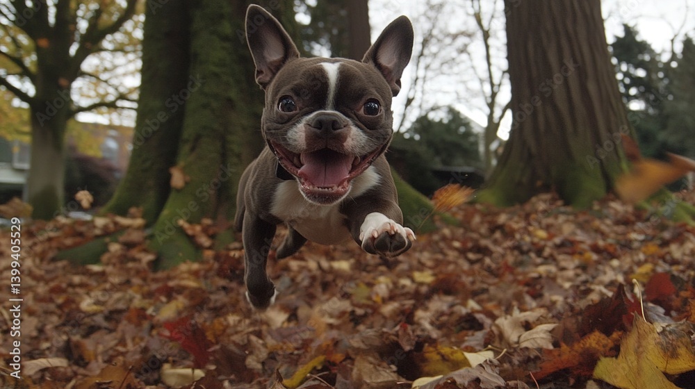 Naklejka premium Joyful Boston Terrier Leaping Through Autumn Leaves