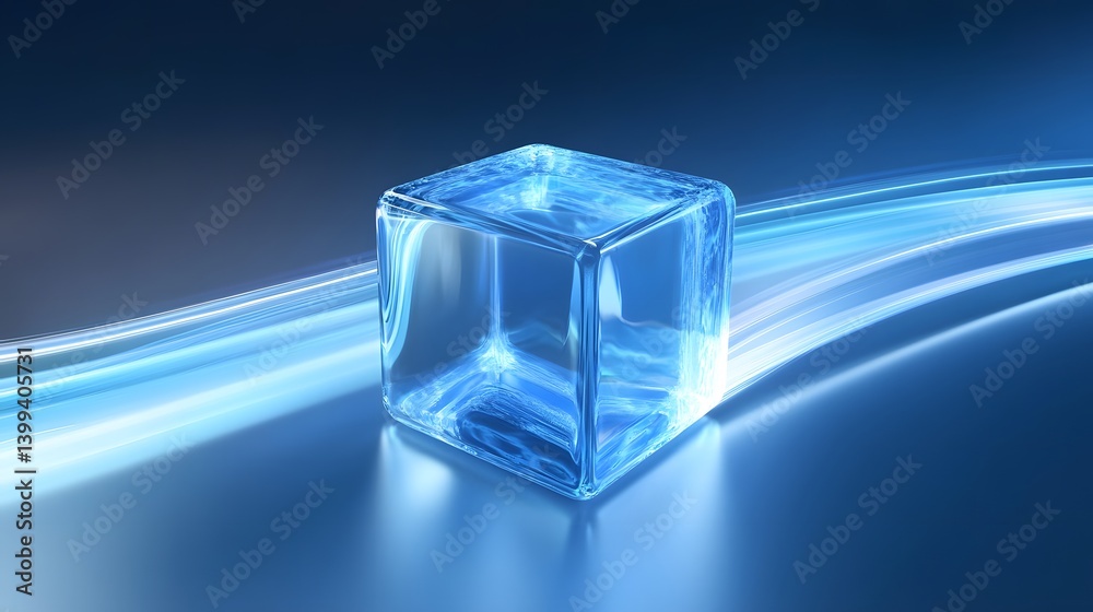 A translucent blue cube with light streaks in the background A translucent blue cube with light streaks in the background