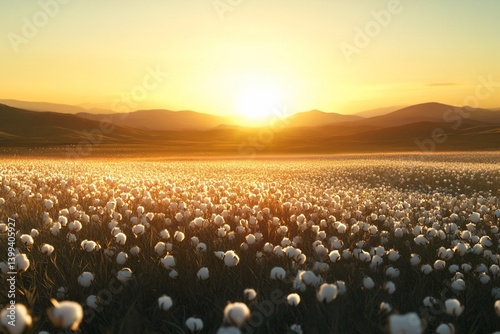 Sunrise over a field of cottony plants, scenic mountain landscape