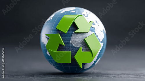 3D globe featuring green recycling symbol, representing sustainability and environmental awareness, with focus on global recycling efforts and circular economy concepts