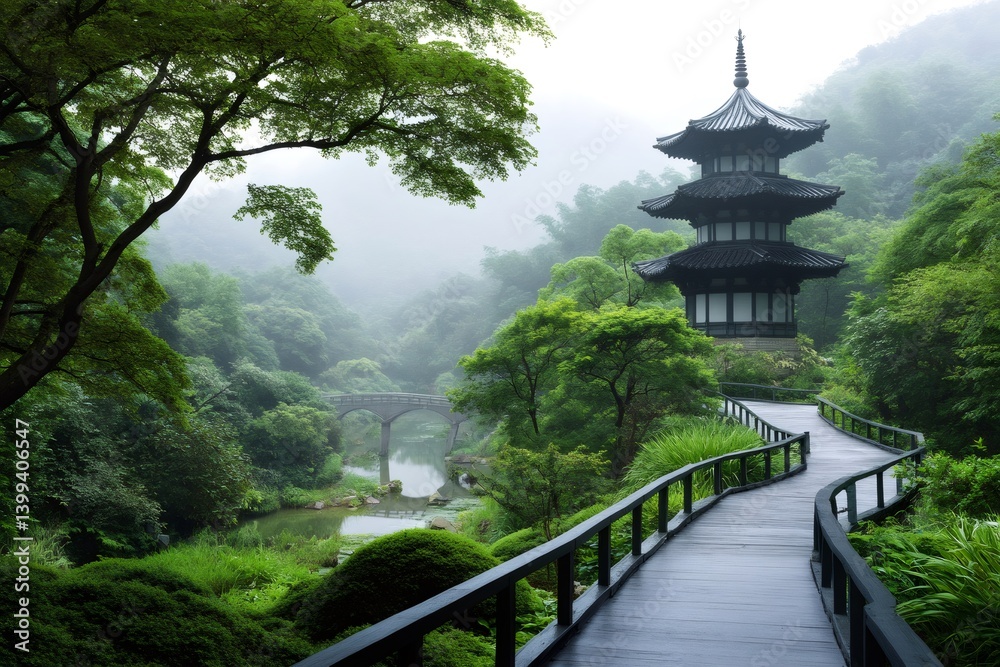 Wooden path leading to pagoda in misty japanese garden Wooden path leading to pagoda in misty japanese garden