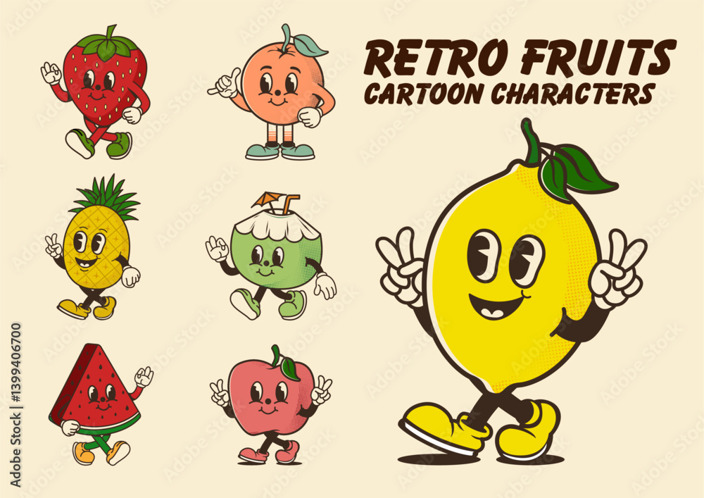 Fototapeta premium Set of retro cartoon fruit characters, mascot characters including lemon, strawberry, apple, peach, pineapple, watermelon, and more. Vintage vector illustration