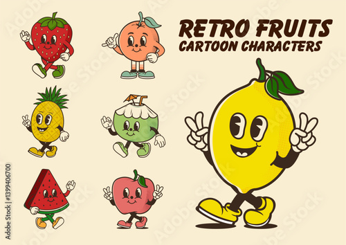 Set of retro cartoon fruit characters, mascot characters including lemon, strawberry, apple, peach, pineapple, watermelon, and more. Vintage vector illustration