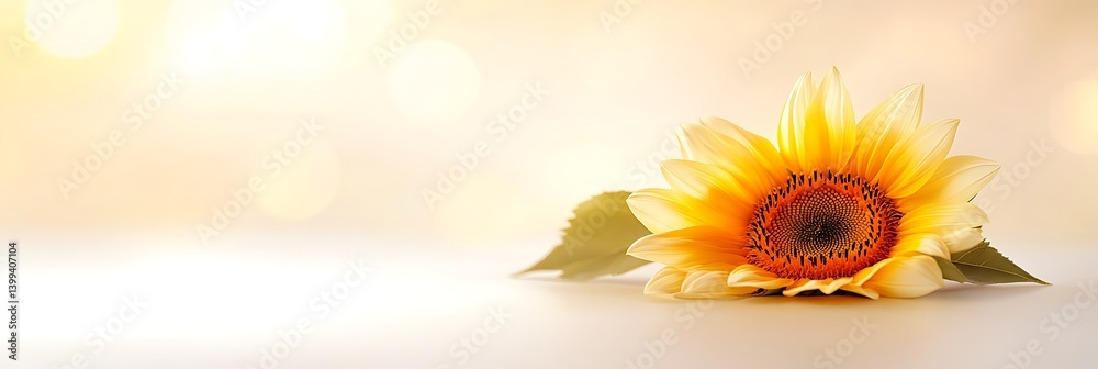 Obraz premium Radiant sunflower lying on surface with blurred golden bokeh background for design