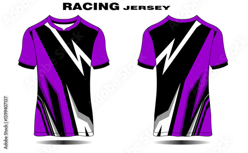 Dynamic purple and black racing jersey design showcasing bold patterns and sleek style