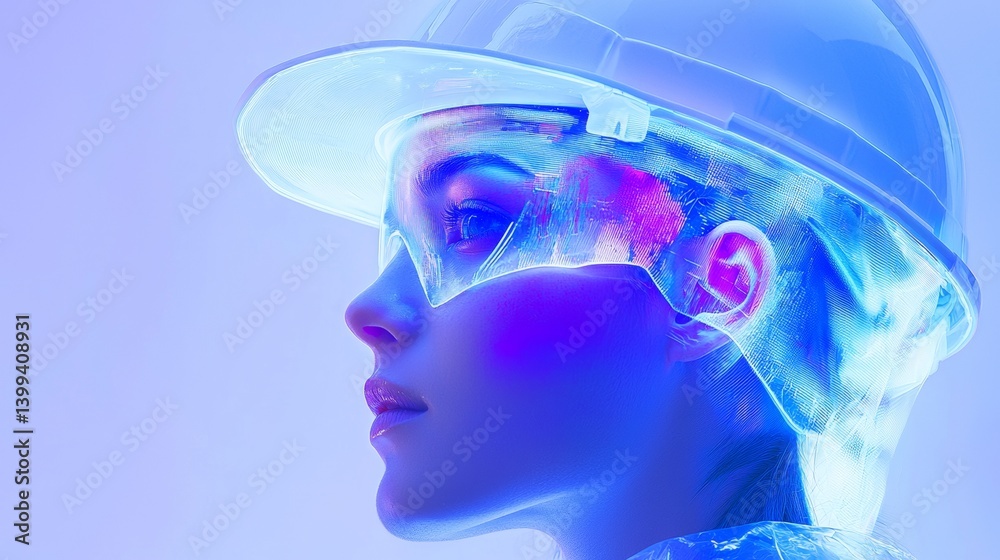 Futuristic construction worker with holographic elements engaged in a high-tech project Futuristic construction worker with holographic elements engaged in a high-tech project