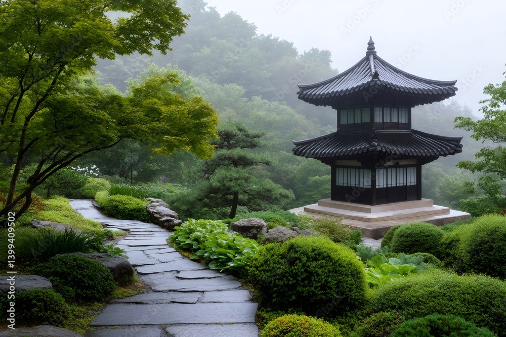 Fototapeta premium Stone path leading to a pagoda in a misty zen garden