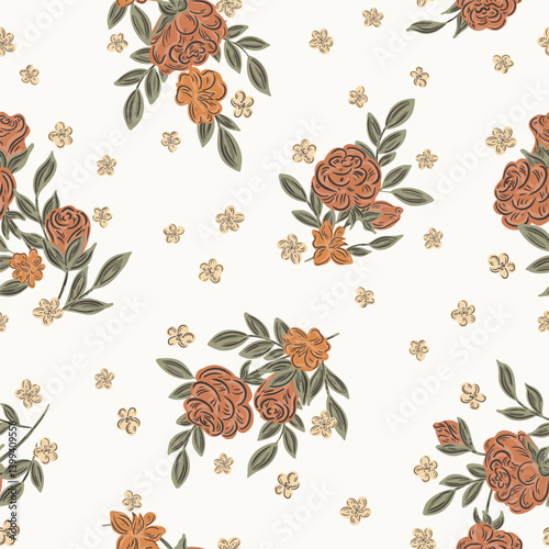 Hand drawn minimalist rose garden giving retro vibes in colors of red, orange, yellow, green and black on off white background. Seamless vector pattern. Great for home decor, fabric, wallpaper, gifts.