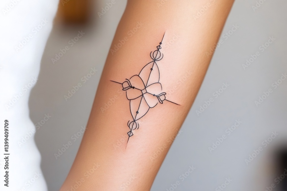 Obraz premium Delicate fine line tattoo design featuring abstract floral patterns on woman's arm