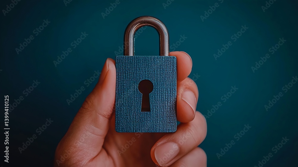 Hand Holding Secure Metal Padlock Against Blue Backdrop, Emphasizing Protection and Privacy Through Digital Security and Information Safety.