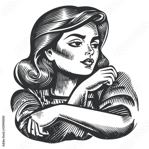 Vintage Ink Illustration of Pensive Woman with Elegant Hair Style