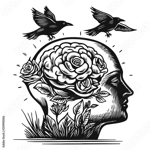 Abstract Illustration of a Head with Flowers and Flying Birds