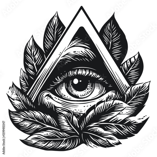 Mysterious Eye Surrounded by Leaves and Geometric Shapes Art Design