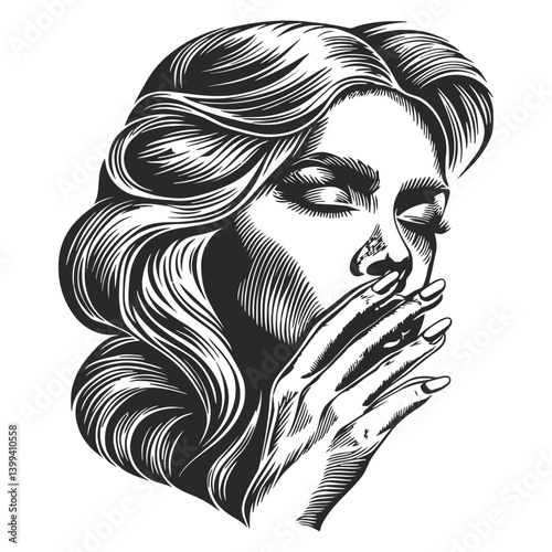Elegant Woman Portrait with Hand Over Mouth in Vintage Style Design