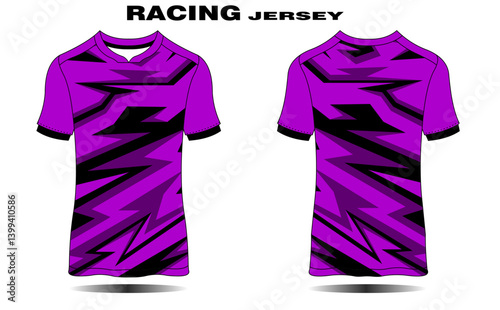Vibrant purple racing jersey design showcasing dynamic black patterns with a modern aesthetic