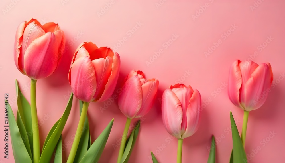 Fototapeta premium Springtime charm with blooming tulips on a blush background—great for Easter, Mother’s Day, weddings, or 8 March celebrations.