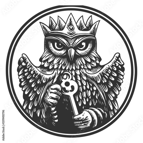 Majestic Owl King Holding Key in Vintage Black and White Style