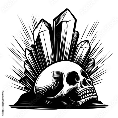 Intricate Skull with Crystals and Radiant Explosive Effects