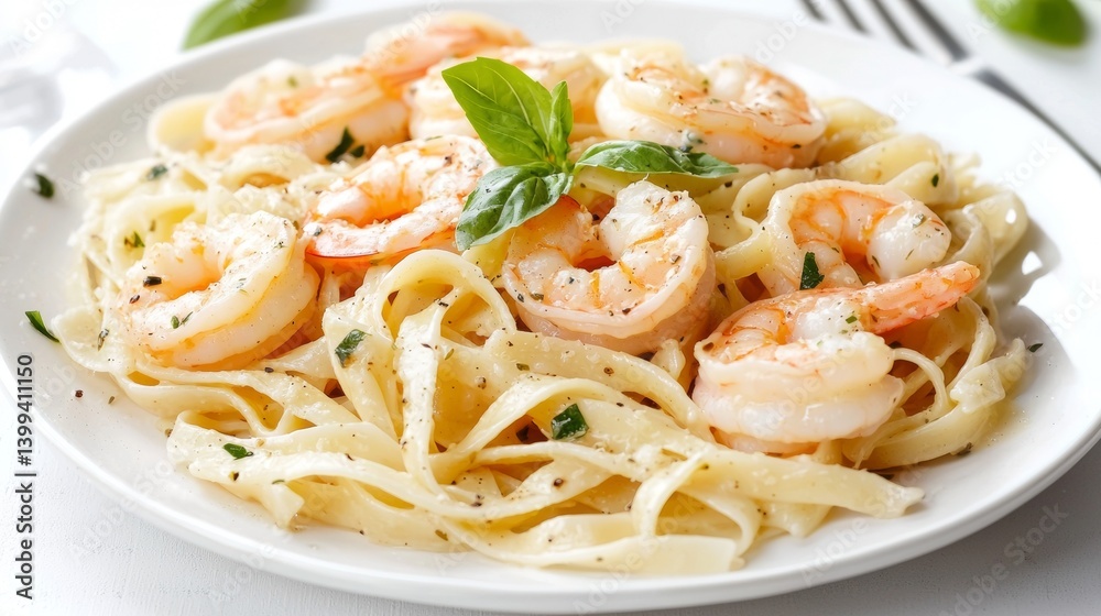 Delicious shrimp fettuccine with fresh herbs served on a white plate in a cozy dining setting during dinner time Delicious shrimp fettuccine with fresh herbs served on a white plate in a cozy dining setting during dinner time