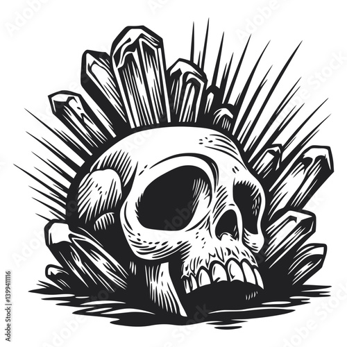 Intricate Skull Design Surrounded by Crystal-Like Shards and Spikes