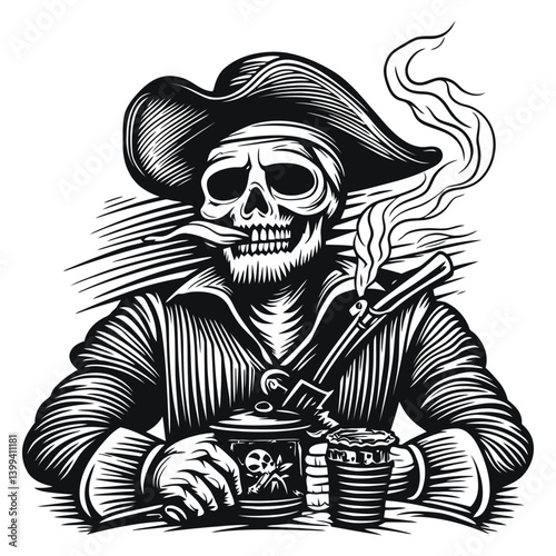 Detailed Illustration of Skull Pirate with Smoking Pipe and Mug