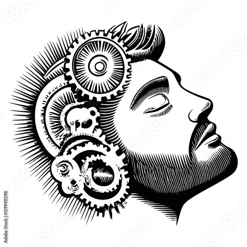 Creative Man with Gears in Hair Symbolizing Innovation and Ideas